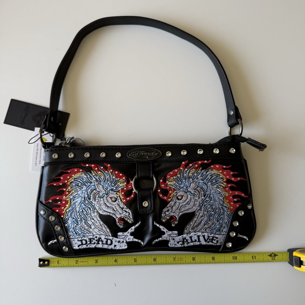 Ed Hardy Womens Shoulder Purse Bag Horses Tattoo Dead Alive Studs Black NWT Y2K - Picture 7 of 8